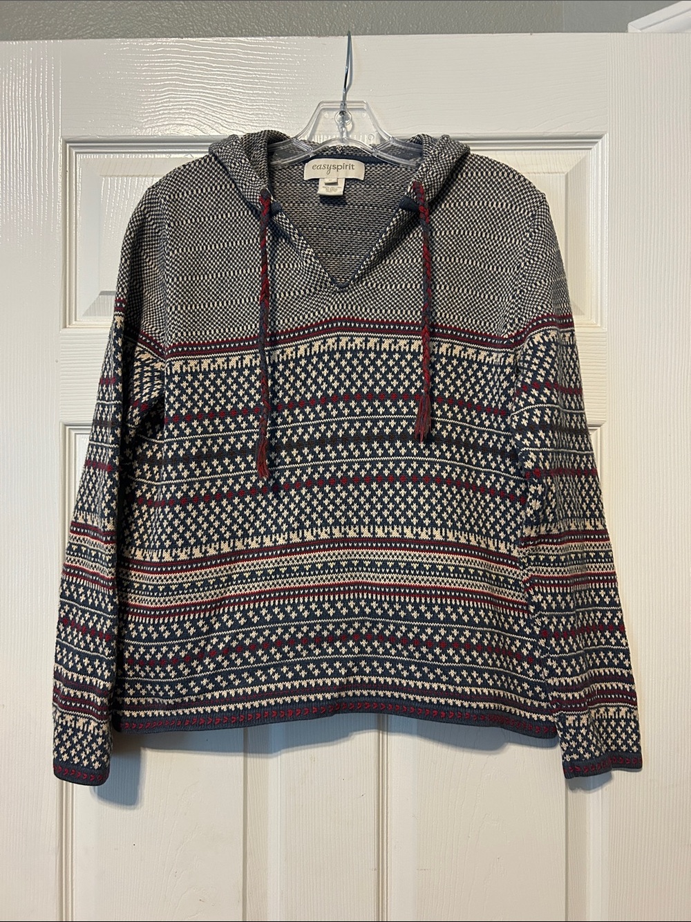 Easy Spirit womens Crewneck Knit Hoodie - Navy, Cream & Red